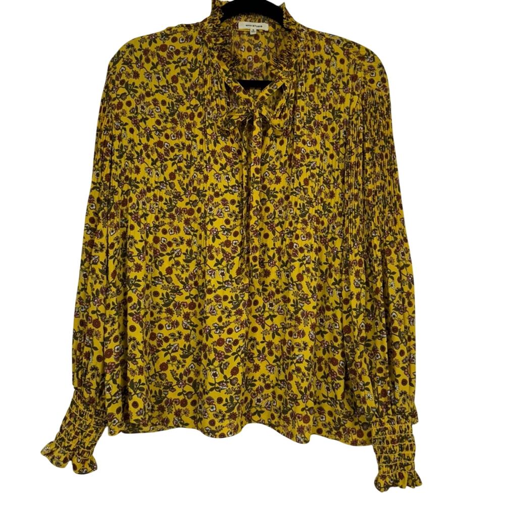 Max Studio Yellow Ditsy Floral Romantic Blouse Womens S Fall Long Sleeve Ruffled